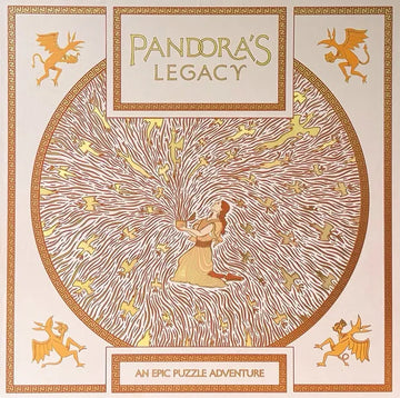 Cover of 'Pandora's Legacy' with a woman and winged creatures, featuring decorative elements.