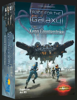 Board game expansion pack for 'Race for the Galaxy' titled 'Xeno Counterstrike' with space-themed artwork.