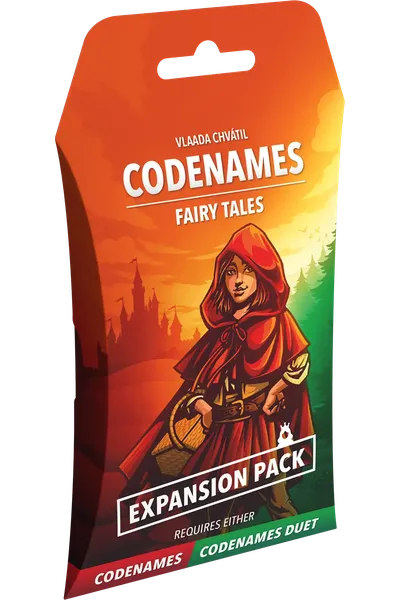 Codenames Fairy Tales expansion pack packaging with a character in a red hood.