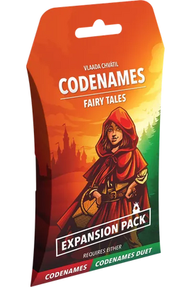 Codenames Fairy Tales expansion pack packaging with a character in a red hood.