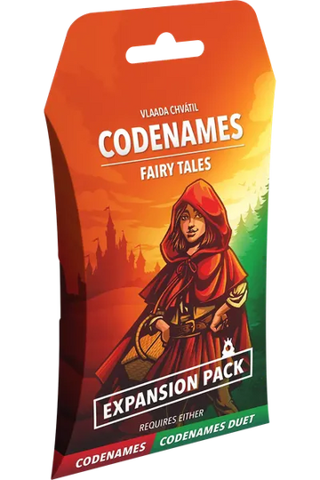 Codenames Fairy Tales expansion pack packaging with a character in a red hood.