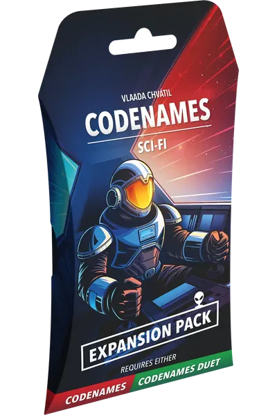 Codenames Sci-Fi expansion pack packaging with an astronaut illustration on a dark background.