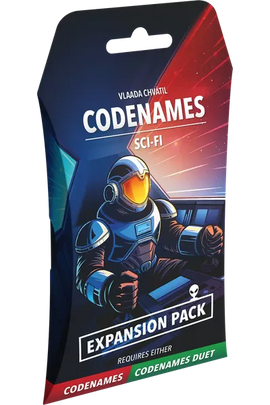 Codenames Sci-Fi expansion pack packaging with an astronaut illustration on a dark background.