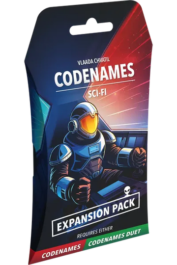 Codenames Sci-Fi expansion pack packaging with an astronaut illustration on a dark background.