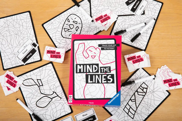 Mind the lines pieces and box laid out on a wooden table