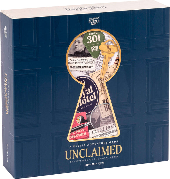 Unclaimed by Professor Puzzle is a mystery adventure game packaged in a beautifully illustrated box, featuring a keyhole design showcasing elements related to the enigmatic Royal Hotel. Designed for ages 12 and up, it invites players to unravel secrets and solve puzzles, creating an immersive group experience for 2 to 4 players. The game emphasizes intrigue and anticipation as participants investigate a mysterious hotel room.
