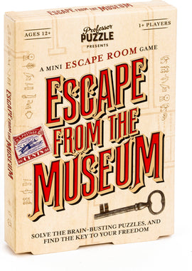 The 'Escape from the Museum' game by Professor Puzzle features a vintage-style box design. The title is displayed prominently in bold red lettering, accompanied by an illustration of a key. The product is aimed at players aged 12 and up and challenges them to solve brain-busting puzzles to escape.
