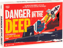 Danger in the Deep game box featuring bold graphics with submarine imagery and colorful escape room components. The title is prominently displayed, emphasizing teamwork and adventure in this collaborative game. Designed for 1-6 players, ages 14 and up, with an estimated playtime of 120 minutes.