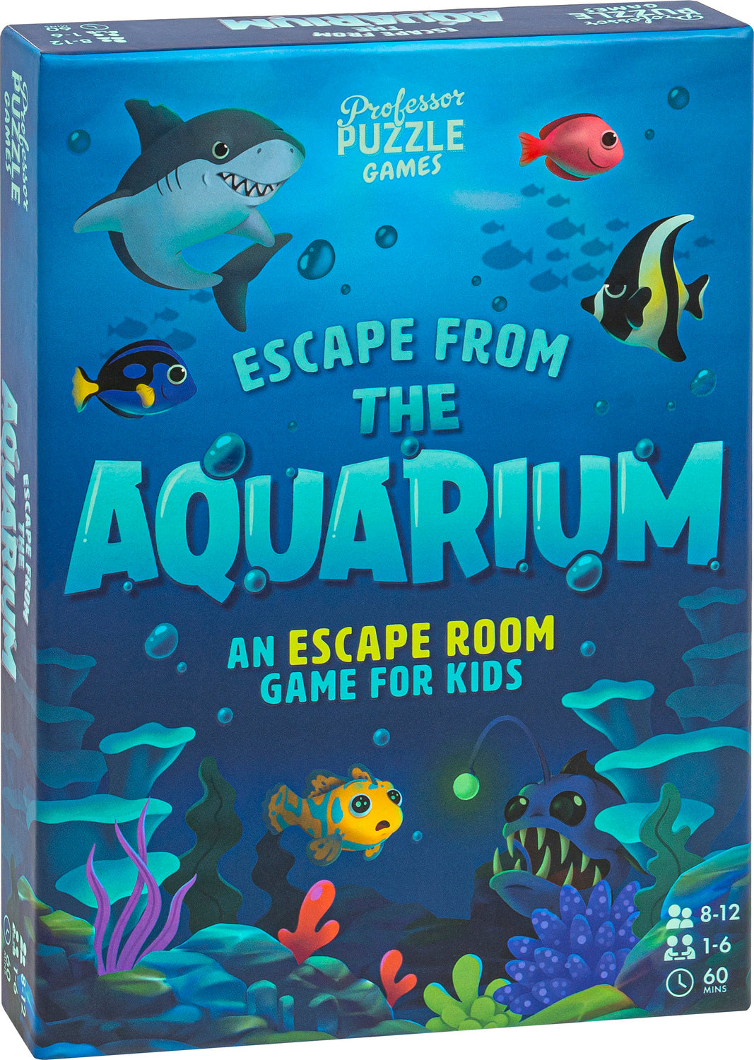 Escape from the Aquarium is a vibrant and engaging escape room game for kids, featuring colorful aquatic illustrations including friendly fish and a playful shark. Designed for 1 to 6 players aged 8-12, the game promises adventurous gameplay lasting about 60 minutes.