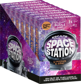Escape from the Space Station game by Professor Puzzle, featuring a vibrant cosmic design with an astronaut and featuring 12 puzzles to solve. Suitable for ages 12 and up, and designed for 1 or more players, taking approximately 45+ minutes to complete.