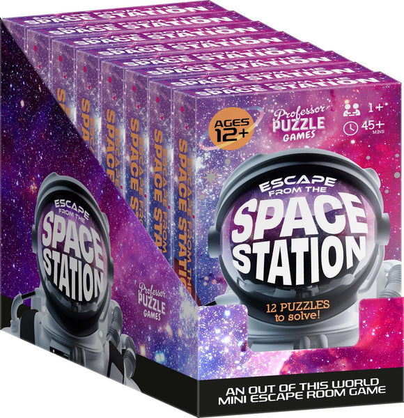 Escape from the Space Station game by Professor Puzzle, featuring a vibrant cosmic design with an astronaut and featuring 12 puzzles to solve. Suitable for ages 12 and up, and designed for 1 or more players, taking approximately 45+ minutes to complete.