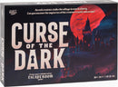 Curse of the Dark Escape Room game by Professor Puzzle, featuring a dramatic design with a haunting castle silhouette and a red full moon, highlighting the adventurous theme of uncovering mysteries and escaping an evil creature.