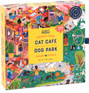 The 'Cat Cafe and Dog Park Double Sided Puzzle' from Professor Puzzle features whimsical, colorful illustrations of people enjoying a cat cafe and a dog park. The puzzle showcases various cats and dogs, surrounded by trees, plants, and playful scenes. It's a 500-piece jigsaw puzzle with images on both sides.