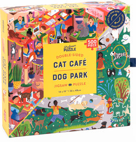 The 'Cat Cafe and Dog Park Double Sided Puzzle' from Professor Puzzle features whimsical, colorful illustrations of people enjoying a cat cafe and a dog park. The puzzle showcases various cats and dogs, surrounded by trees, plants, and playful scenes. It's a 500-piece jigsaw puzzle with images on both sides.