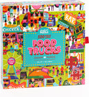 Professor Puzzle's Food Trucks jigsaw puzzle, featuring vibrant illustrations of food trucks, people enjoying food, and a variety of colorful elements, packaged in a lively box. The puzzle consists of 500 pieces and measures 14 x 19 inches (36 x 48 cm).