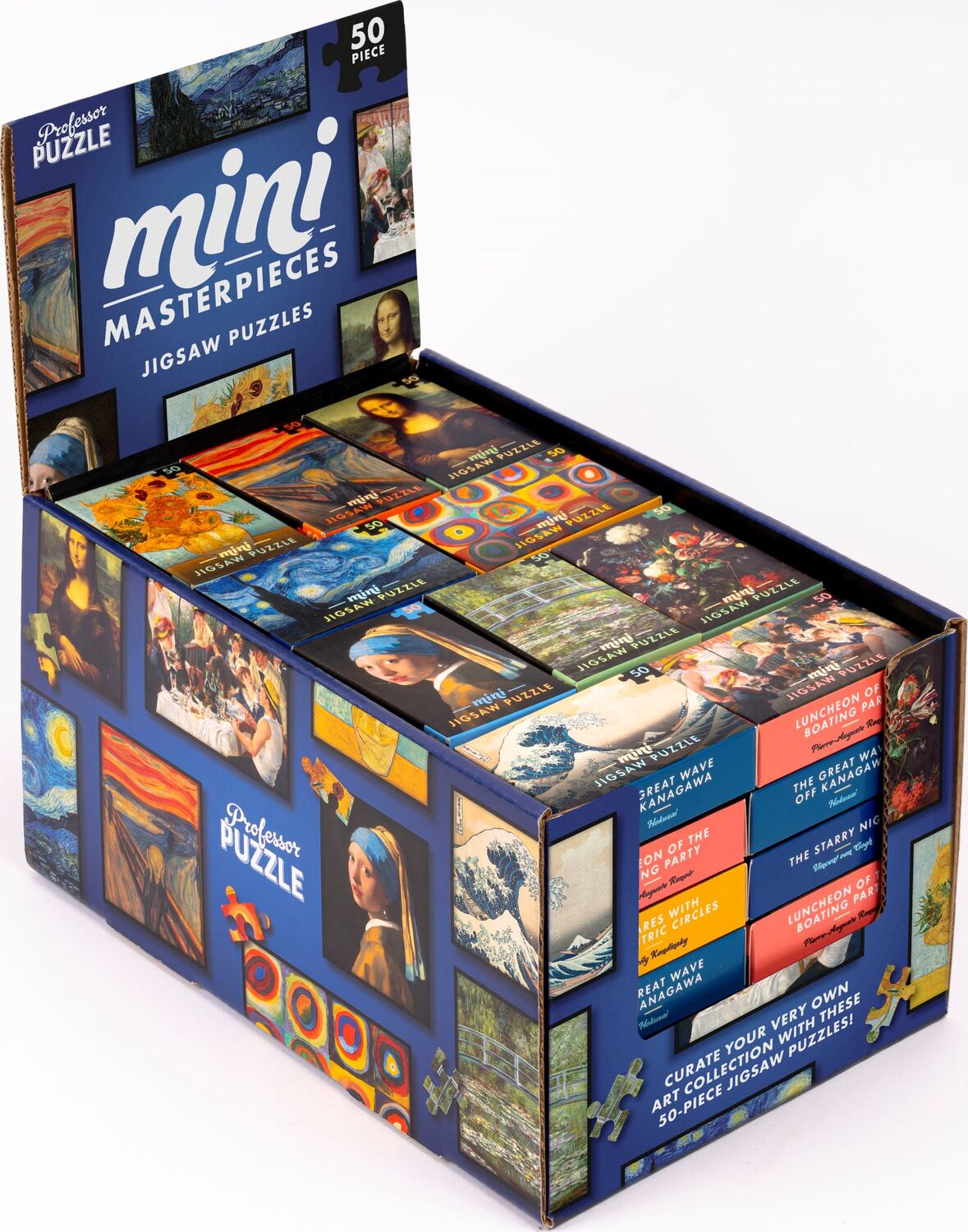 Mini Masterpieces Jigsaw Puzzles by Professor Puzzle showcasing a collection of 50-piece art-themed puzzles. The striking packaging features famous artworks and colorful designs, perfect for art lovers and puzzle enthusiasts.