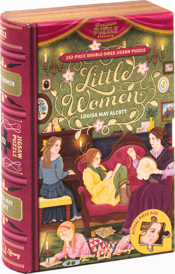 Little Women 252-piece double-sided jigsaw puzzle by Professor Puzzle. Beautifully illustrated cover features characters involved in various activities, such as reading, stitching, and writing, set in a cozy interior.
