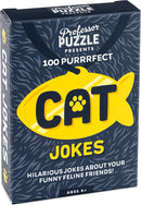 Professor Puzzle's Cat Jokes game features a vibrant yellow fish-shaped design with the words 'Cat Jokes' prominently displayed. The packaging highlights '100 Purrrfect' jokes about cats, making it a fun game for those ages 8 and up. Ideal for cat lovers seeking humor and laughter.
