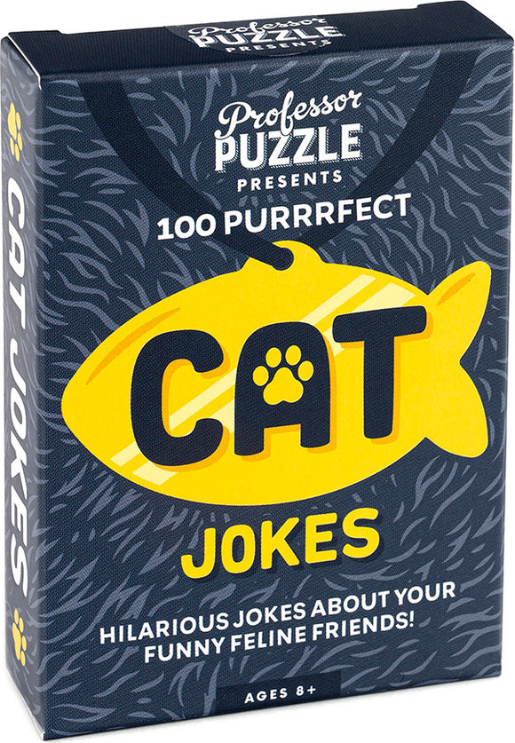 Professor Puzzle's Cat Jokes game features a vibrant yellow fish-shaped design with the words 'Cat Jokes' prominently displayed. The packaging highlights '100 Purrrfect' jokes about cats, making it a fun game for those ages 8 and up. Ideal for cat lovers seeking humor and laughter.