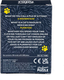 The 'Cat Jokes' game by Professor Puzzle features a dark, patterned box adorned with playful cat-themed graphics. The box displays humorous jokes related to cats, such as 'What do you call a pile of kittens? A meowntain!' This fun set includes 50 cards, each presenting lighthearted jokes, making it ideal for cat lovers and families looking for entertainment. Perfect for game nights or gatherings, this product promises laughter and joy while celebrating our feline friends.