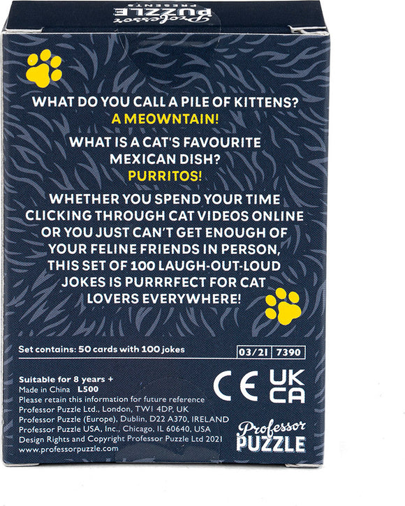 The 'Cat Jokes' game by Professor Puzzle features a dark, patterned box adorned with playful cat-themed graphics. The box displays humorous jokes related to cats, such as 'What do you call a pile of kittens? A meowntain!' This fun set includes 50 cards, each presenting lighthearted jokes, making it ideal for cat lovers and families looking for entertainment. Perfect for game nights or gatherings, this product promises laughter and joy while celebrating our feline friends.