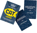 Professor Puzzle Cat Jokes game featuring a vibrant yellow fish-shaped logo with the text '100 PURRRFECT CAT JOKES' on a blue background. Accompanying cards include humorous cat-themed jokes such as 'What is my cat's favourite day of the week? CAT-URDAY' and 'Where did the cat go to dance? THE FUR BALL'. Perfect for cat lovers seeking fun.