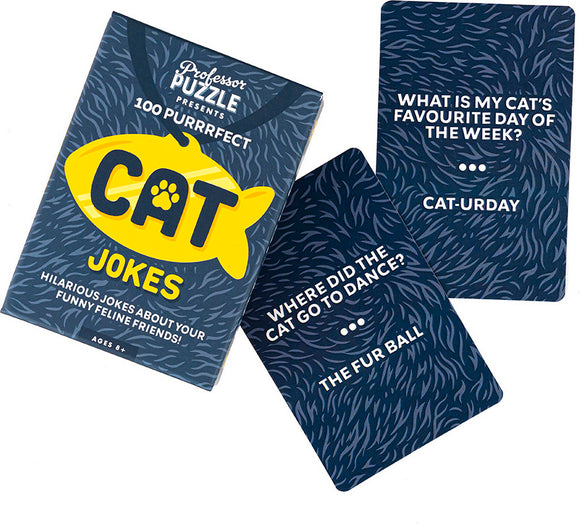 Professor Puzzle Cat Jokes game featuring a vibrant yellow fish-shaped logo with the text '100 PURRRFECT CAT JOKES' on a blue background. Accompanying cards include humorous cat-themed jokes such as 'What is my cat's favourite day of the week? CAT-URDAY' and 'Where did the cat go to dance? THE FUR BALL'. Perfect for cat lovers seeking fun.
