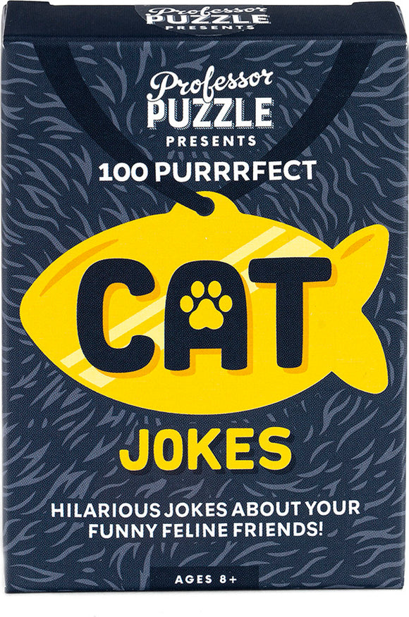 A colorful box featuring the title 'Cat Jokes,' produced by Professor Puzzle. The design includes a fish-shaped graphic and highlights '100 PURRRfect JOKES' aimed at ages 8 and up, providing loads of laughter with jokes about funny feline friends.