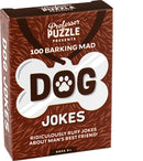 Dog Jokes game by Professor Puzzle, featuring a playful design with paw prints and a humorous title on the box, perfect for dog lovers and fun gatherings. Includes 100 barking mad jokes about dogs, suitable for ages 8 and up.