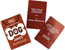 The product features Dog Jokes by Professor Puzzle, which includes a vibrant illustrated pack of cards. The cards display humorous dog-related jokes, with quotes such as 'What type of dog is also a magician? A Labracadabrador' and 'What do you get if you cross a dog with a phone? A Golden Receiver.' The design has a playful theme featuring a dog paw print, making it a fun addition for pet lovers and families.