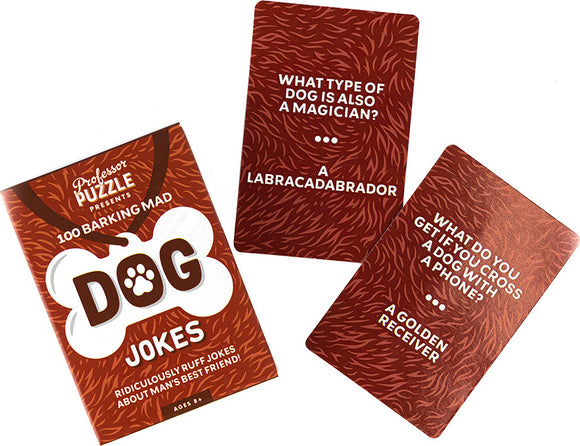 The product features Dog Jokes by Professor Puzzle, which includes a vibrant illustrated pack of cards. The cards display humorous dog-related jokes, with quotes such as 'What type of dog is also a magician? A Labracadabrador' and 'What do you get if you cross a dog with a phone? A Golden Receiver.' The design has a playful theme featuring a dog paw print, making it a fun addition for pet lovers and families.