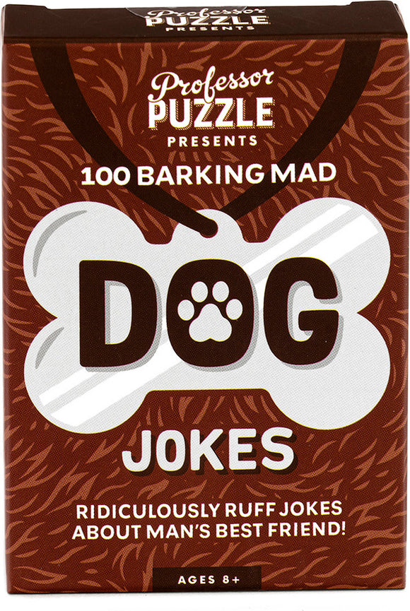 A fun and colorful game titled 'Dog Jokes' by Professor Puzzle, featuring a humorous design with the word 'DOG' and a paw print on a bone-shaped background. The packaging includes the tagline 'Ridiculously Ruff Jokes About Man's Best Friend!' and is suitable for ages 8 and up.