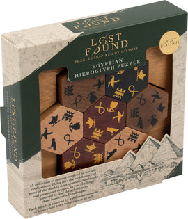 A beautifully designed Egyptian Hieroglyph Puzzle by Professor Puzzle, featuring hexagonal wooden pieces intricately engraved with ancient Egyptian symbols. The packaging showcases historical landmarks and a unique story, inviting users to delve into ancient civilization while solving the puzzle.
