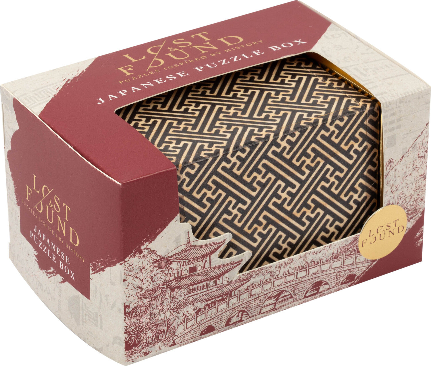 Japanese Puzzle Box by Professor Puzzle, featuring intricate black maze patterns on a golden background. The box is designed for mechanical puzzle enthusiasts and comes in a decorative packaging inspired by Japanese art, showcasing traditional scenic elements.