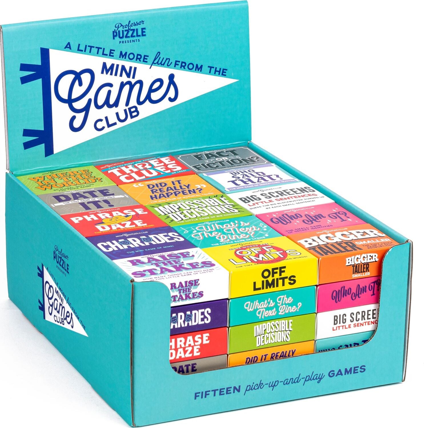 The Mini Games Club by Professor Puzzle features a vibrant blue box containing fifteen fun and engaging card games designed for group entertainment. Each card showcases colorful designs and game titles including 'Phrase Daze', 'Did It Really Happen?', and 'Off Limits'. The box is open, revealing the neatly organized cards that invite players to enjoy light-hearted competition and laughter.