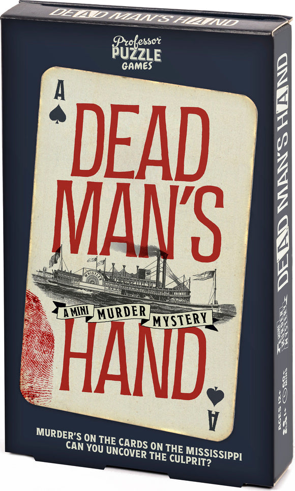 The Dead Man's Hand game by Professor Puzzle features a vintage card design with a steamboat illustration. The title is prominently displayed in bold red letters, indicating a mini murder mystery theme. The packaging highlights that players must uncover the culprit in a thrilling setting inspired by the Mississippi River.