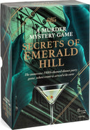 The game box for 'Secrets of Emerald Hill', an immersive murder mystery game with a 1980s theme featuring a cocktail glass on the front. The design includes elegant patterns and hints at a dinner party atmosphere for up to 8 players, ages 14 and up.