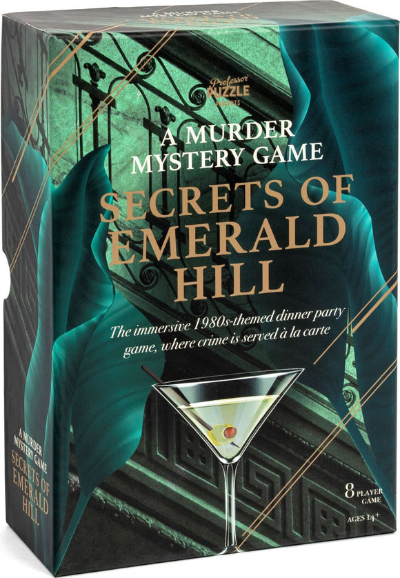 The game box for 'Secrets of Emerald Hill', an immersive murder mystery game with a 1980s theme featuring a cocktail glass on the front. The design includes elegant patterns and hints at a dinner party atmosphere for up to 8 players, ages 14 and up.