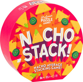 Nacho Stack! game box by Professor Puzzle featuring vibrant artwork of nachos, jalapeños, and a playful title in bold colors. The game is designed for 2-6 players, ages 8 and up, and has a playtime of approximately 20 minutes.