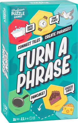 Turn a Phrase game by Professor Puzzle features brightly colored tiles with illustrations of common phrases. The box displays various tiles like 'Bath Time', 'Time Flies!', and images of a pan, pastry, and cheese. Suitable for 2 to 6 players, ages 10 and up, and playable in about 15 minutes. Connect tiles to create entertaining phrases and enjoy a fun, engaging family game night.