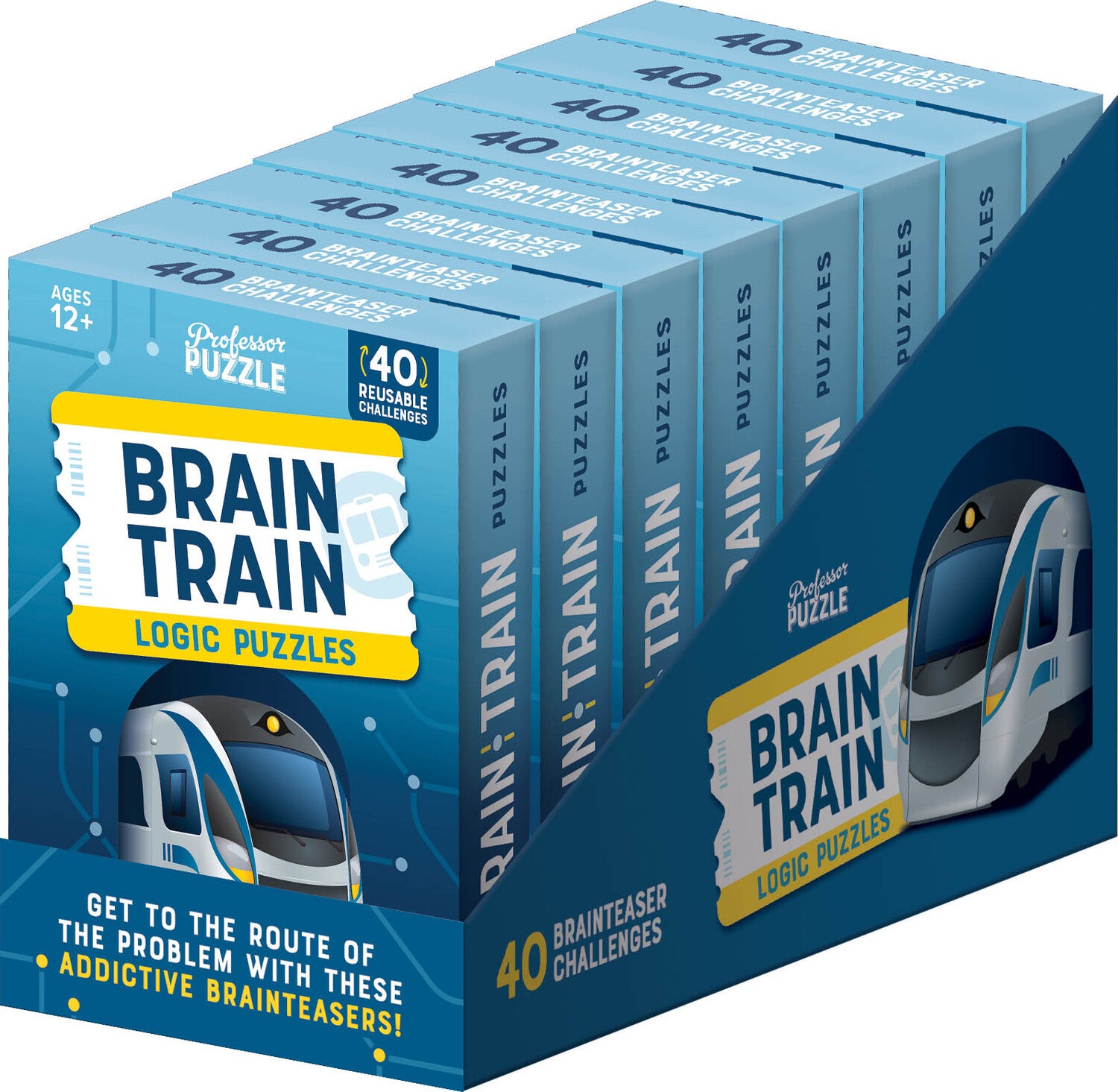 Brain Train Logic Puzzles by Professor Puzzle. A vibrant blue packaging that showcases the title and features an illustration of a train, highlighting 40 reusable brainteaser challenges for ages 12 and older.