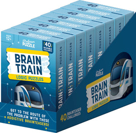Brain Train Logic Puzzles by Professor Puzzle. A vibrant blue packaging that showcases the title and features an illustration of a train, highlighting 40 reusable brainteaser challenges for ages 12 and older.