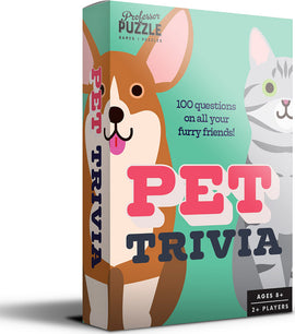 Pet Trivia game by Professor Puzzle features a vibrant box design showcasing a corgi and a cat, highlighting a fun trivia challenge with 100 questions about pets. Ideal for family gatherings and pet lovers, suitable for ages 8 and older.