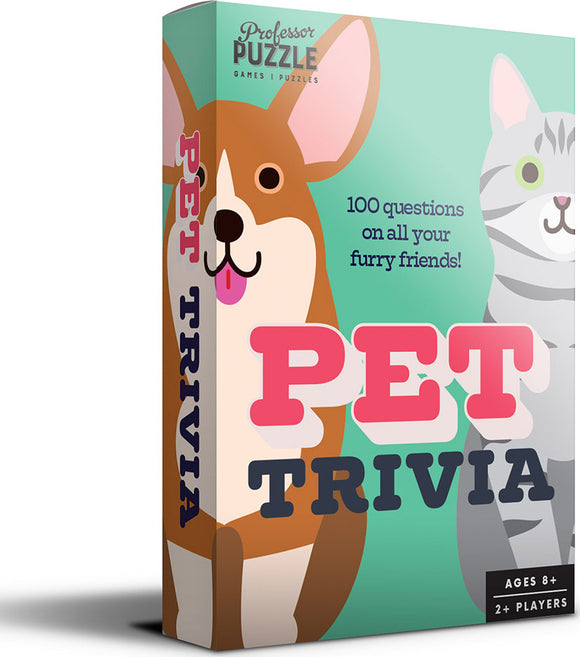 Pet Trivia game by Professor Puzzle features a vibrant box design showcasing a corgi and a cat, highlighting a fun trivia challenge with 100 questions about pets. Ideal for family gatherings and pet lovers, suitable for ages 8 and older.