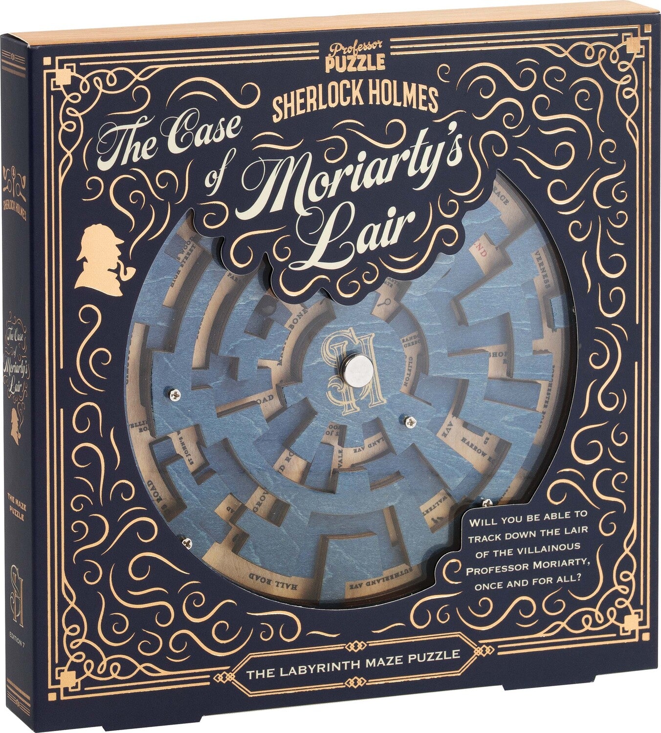 The Case of Moriarty's Lair by Professor Puzzle is a mechanical maze puzzle featuring intricate pathways and a central turning mechanism. The beautifully designed box showcases the title with elegant typography and an illustration of Sherlock Holmes, inviting players to solve the mystery of Moriarty's lair by navigating through the maze. Ideal for puzzle enthusiasts and fans of detective stories.