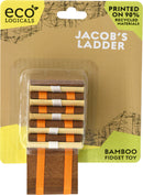 Jacob's Ladder by Project Genius, a bamboo fidget toy featuring a series of interconnected wooden slats that create a mesmerizing cascading motion when manipulated. The eco-friendly packaging emphasizes its sustainable materials.