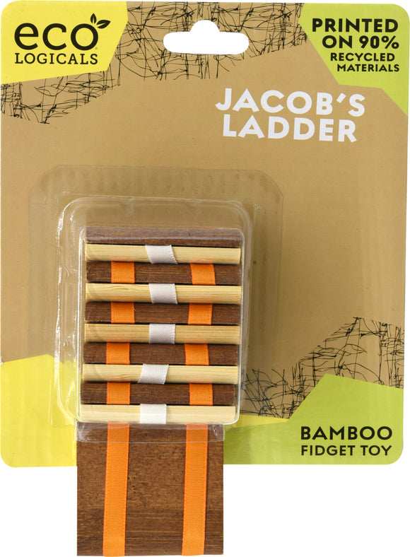 Jacob's Ladder by Project Genius, a bamboo fidget toy featuring a series of interconnected wooden slats that create a mesmerizing cascading motion when manipulated. The eco-friendly packaging emphasizes its sustainable materials.