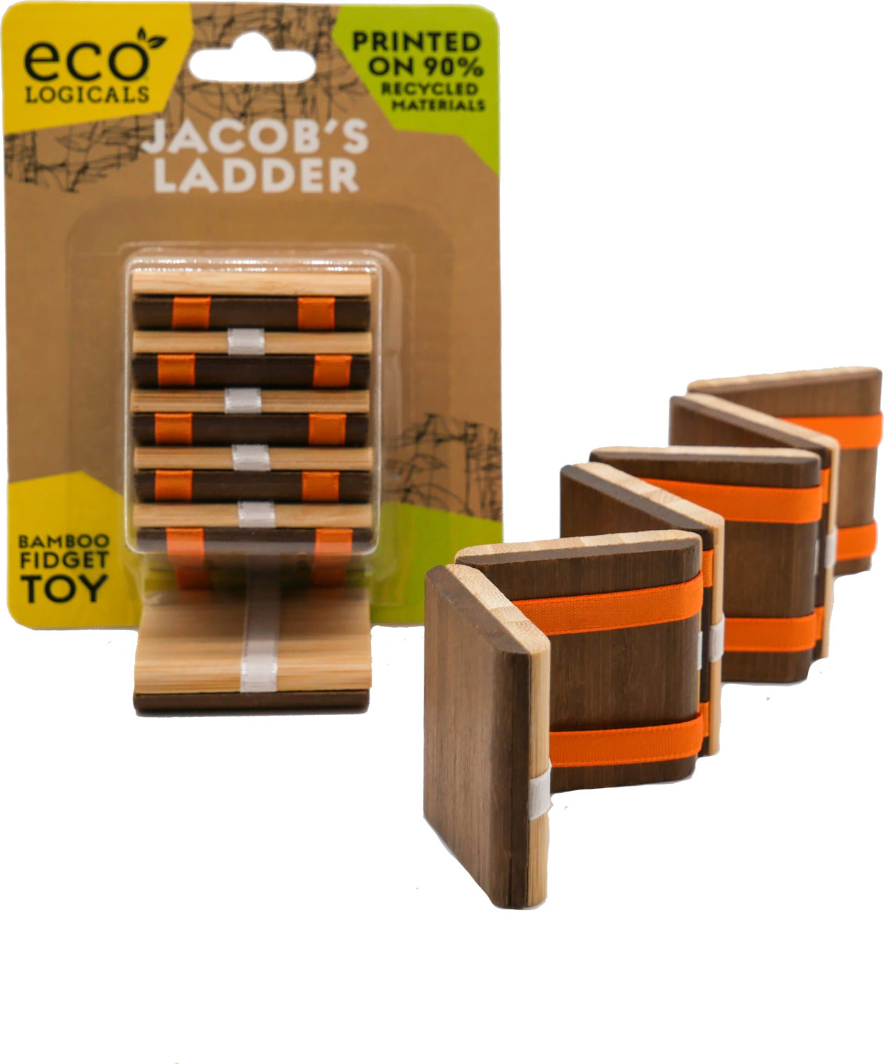 Jacob's Ladder fidget toy by Project Genius, featuring bamboo construction with vibrant orange and white elastic bands. The toy is designed to create a cascading visual effect when manipulated, and it's eco-friendly, printed on recycled materials. Perfect for fidgeting and enhancing focus.