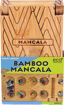 Travel Bamboo Mancala by Project Genius. This eco-friendly game features a beautifully crafted bamboo design, with smooth finish and vibrant stones for gameplay. Ideal for on-the-go entertainment, it's suitable for ages 6 and up.