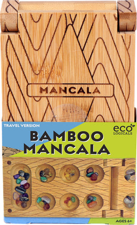Travel Bamboo Mancala by Project Genius. This eco-friendly game features a beautifully crafted bamboo design, with smooth finish and vibrant stones for gameplay. Ideal for on-the-go entertainment, it's suitable for ages 6 and up.